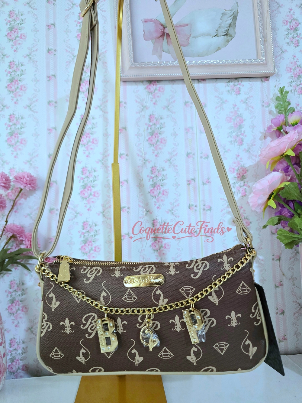 Brown Monogram Shoulder Bag with Gold Chain Charms